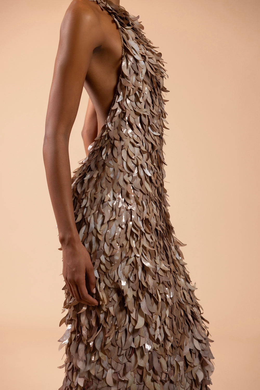 TULLE BRONZE PLUNGE BACK MAXI DRESS (RUNWAY)
