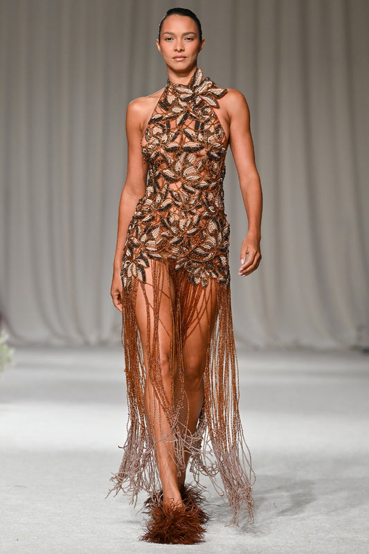 TULLE BRONZE FRINGE MAXI DRESS (RUNWAY)
