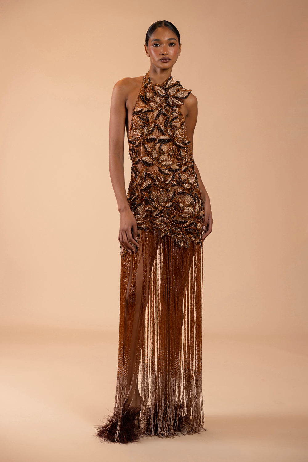 TULLE BRONZE FRINGE MAXI DRESS (RUNWAY)