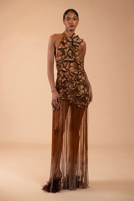 TULLE BRONZE FRINGE MAXI DRESS (RUNWAY)