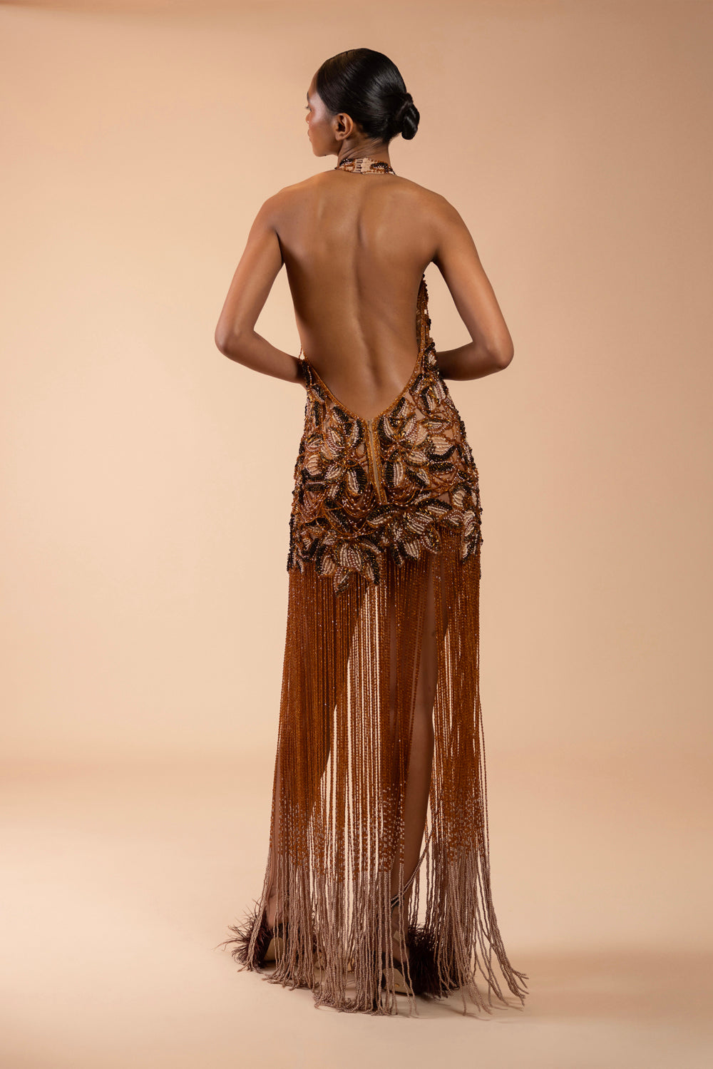 TULLE BRONZE FRINGE MAXI DRESS (RUNWAY)