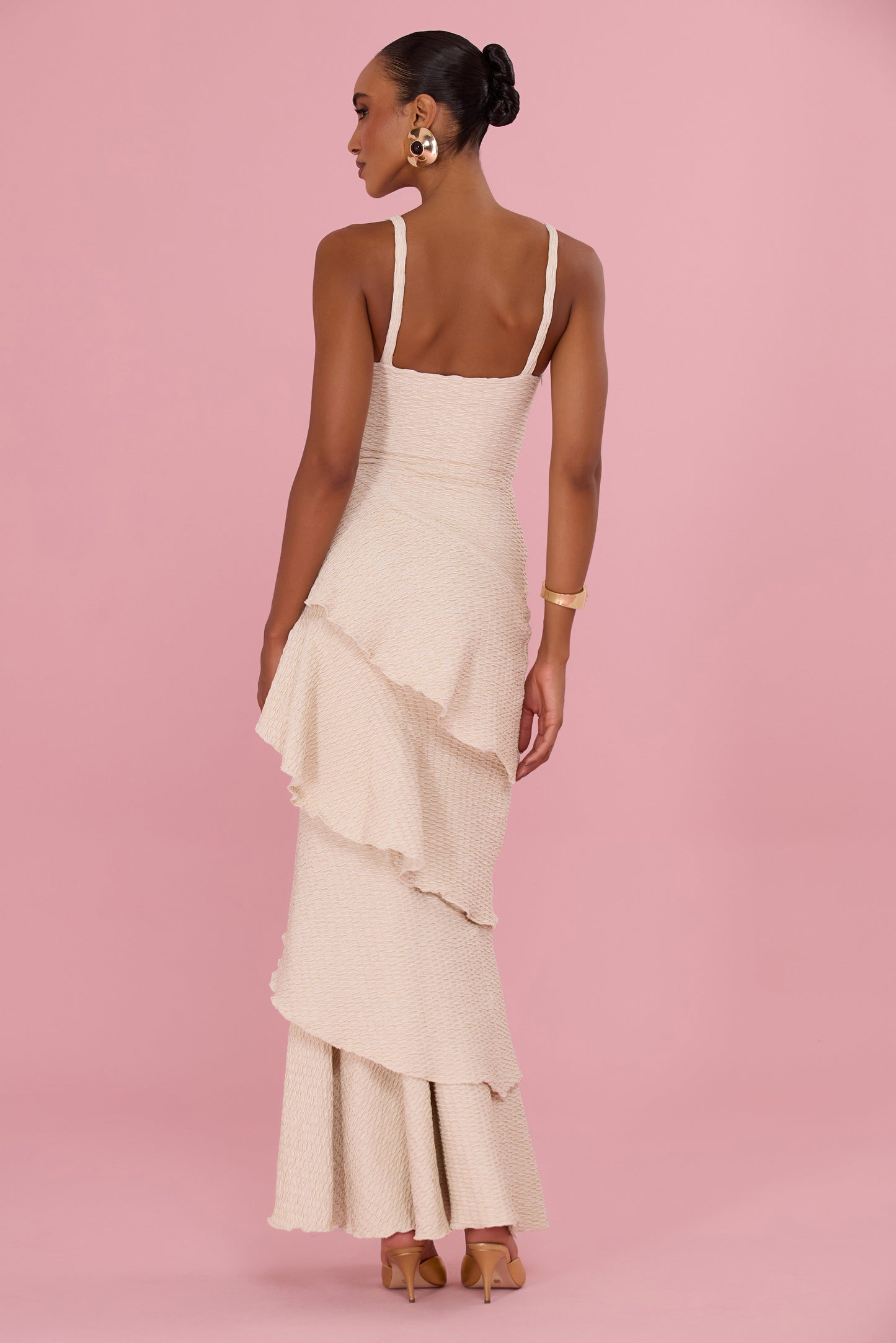 GOLDEN KNIT RUFFLE MAXI DRESS