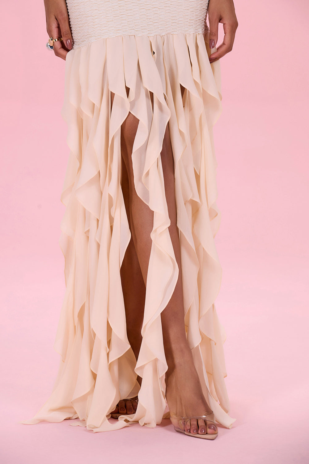 GOLDEN KNIT CHIFFON MAXI DRESS