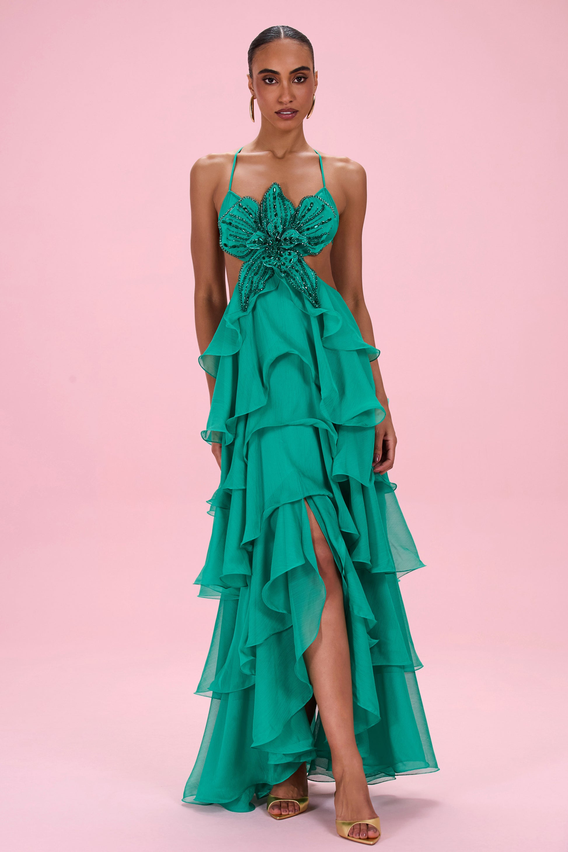 FLORAL CHIFFON EMBROIDERED GOWN 0 / Green