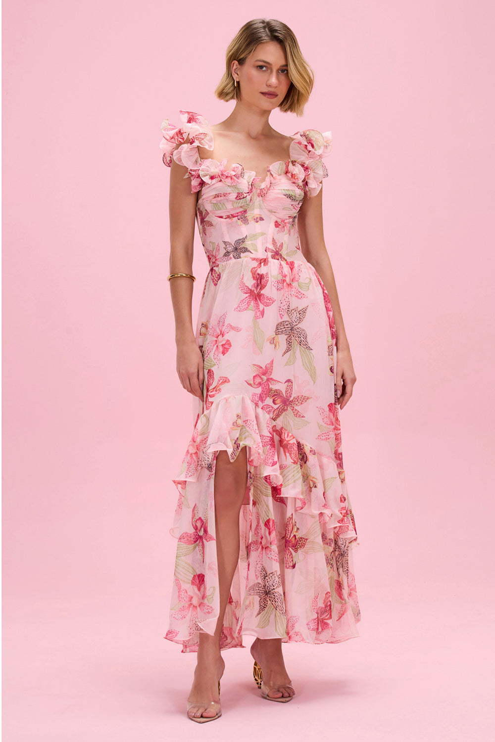 PatBO Women's Orchid Bloom Chiffon Corset Midi Dress - Rose