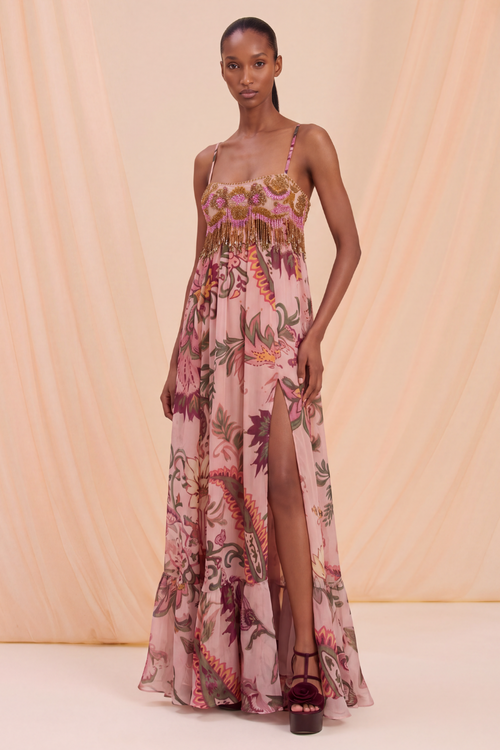 BOHO PRINTED EMBROIDERED SLIP GOWN