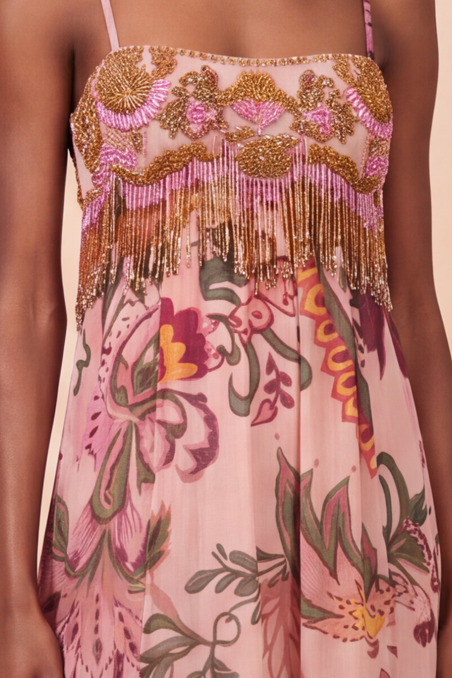 BOHO PRINTED EMBROIDERED SLIP GOWN
