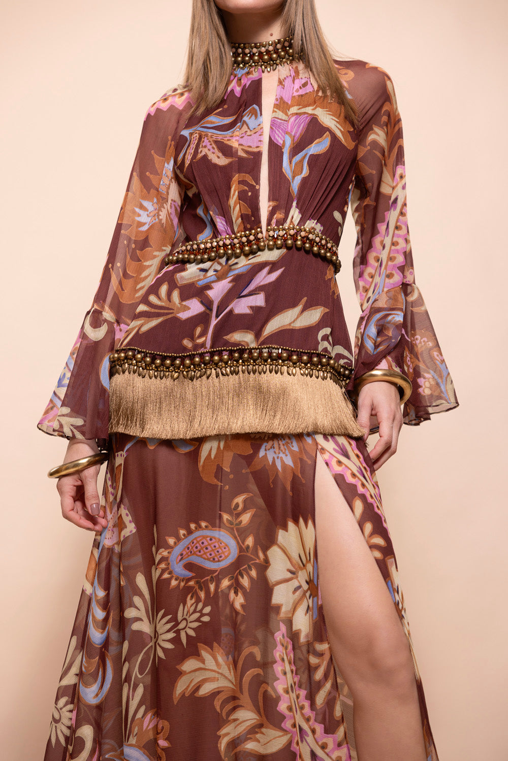 Boho Long-Sleeve Plunging Gown