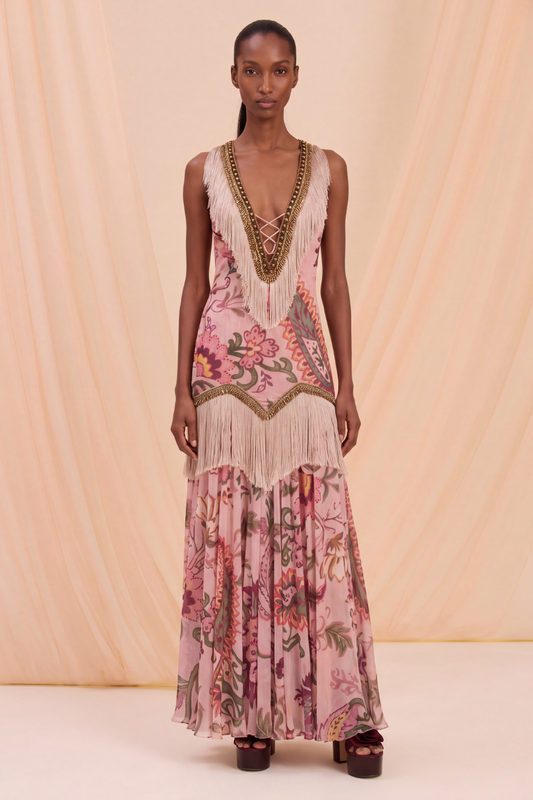 BOHO EMBELLISHED FRINGE GOWN