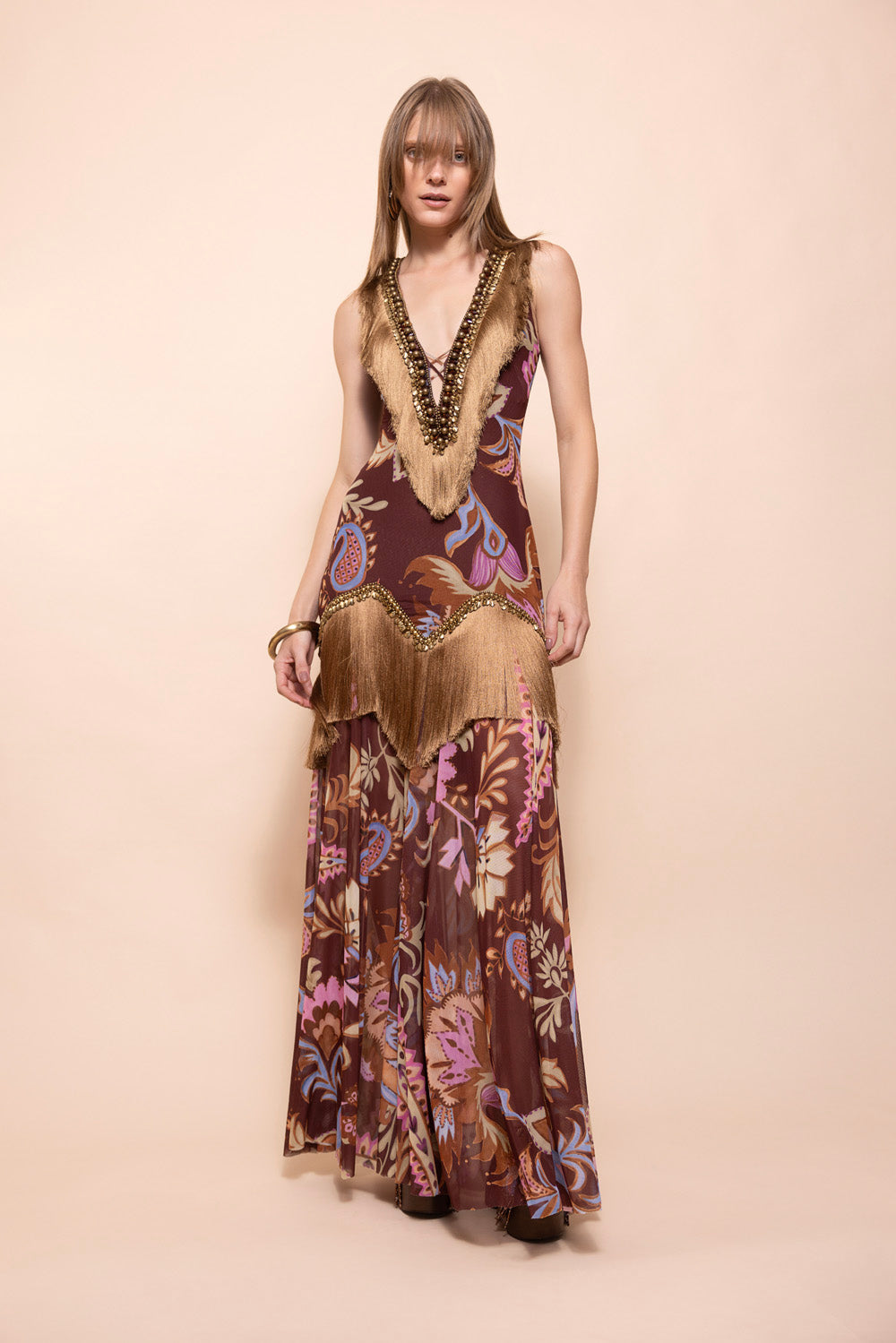 BOHO EMBELLISHED FRINGE GOWN