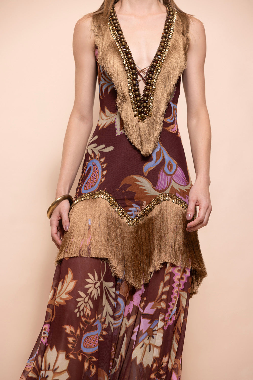 BOHO EMBELLISHED FRINGE GOWN