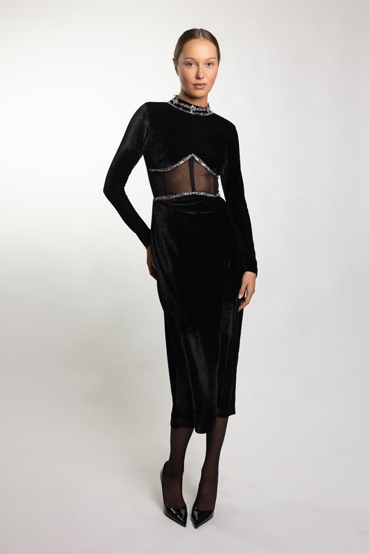 HAND-BEADED VELVET BUSTIER MIDI DRESS
