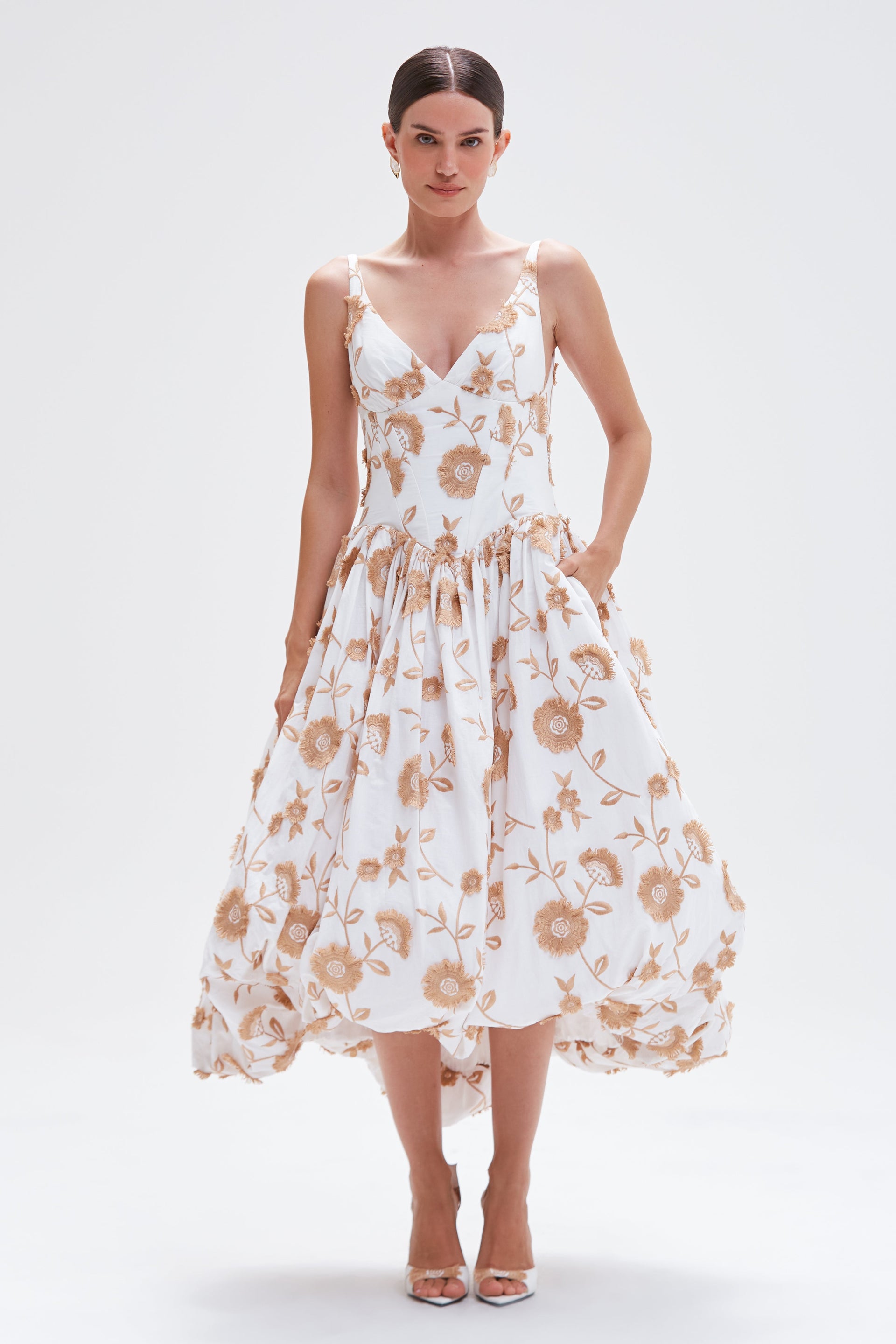 patbo flower applique midi dress BOTANICAL POPLIN MIDI DRESS (RUNWAY) – PatBO