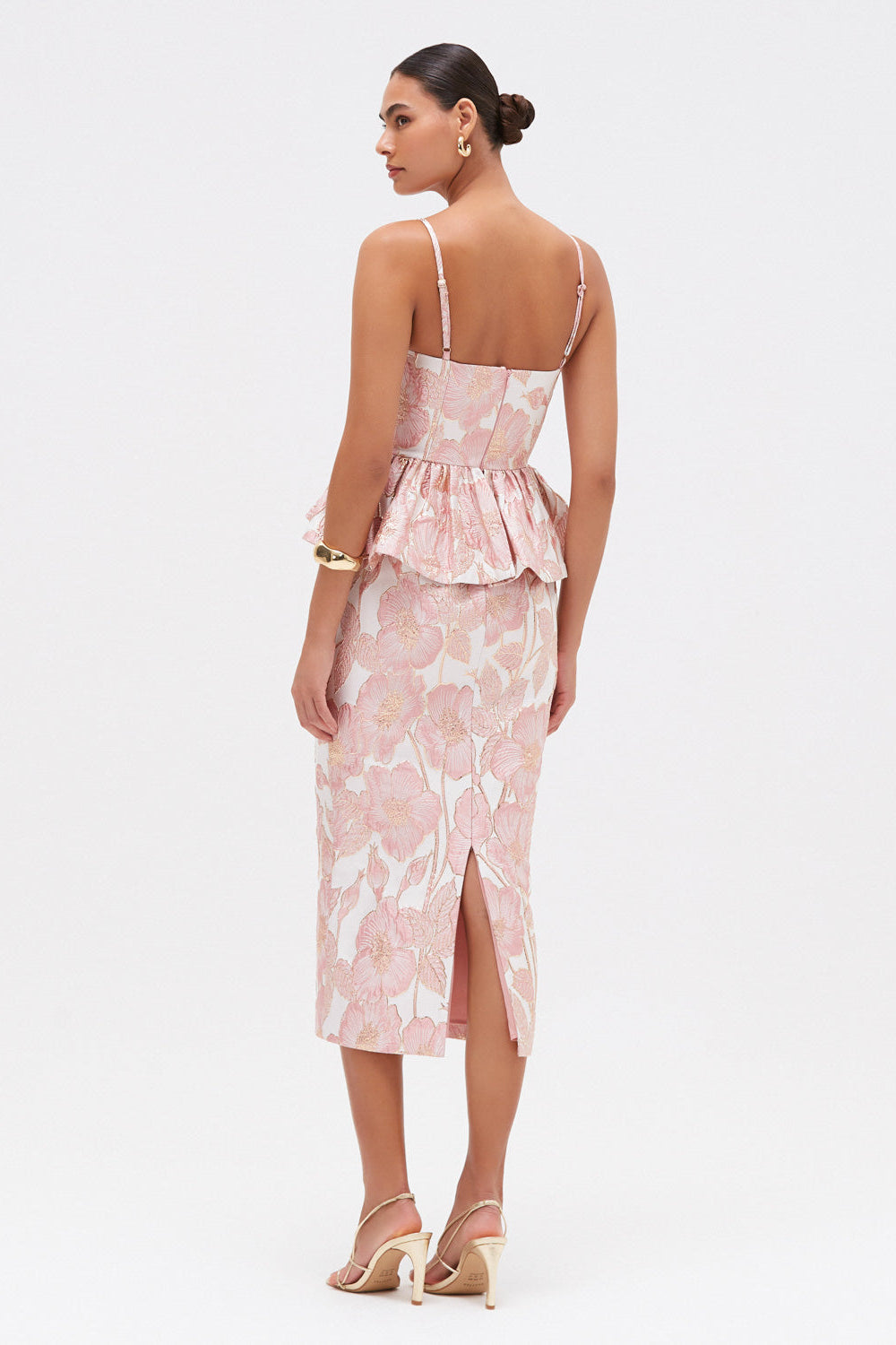 PETAL JACQUARD PEPLUM MIDI DRESS