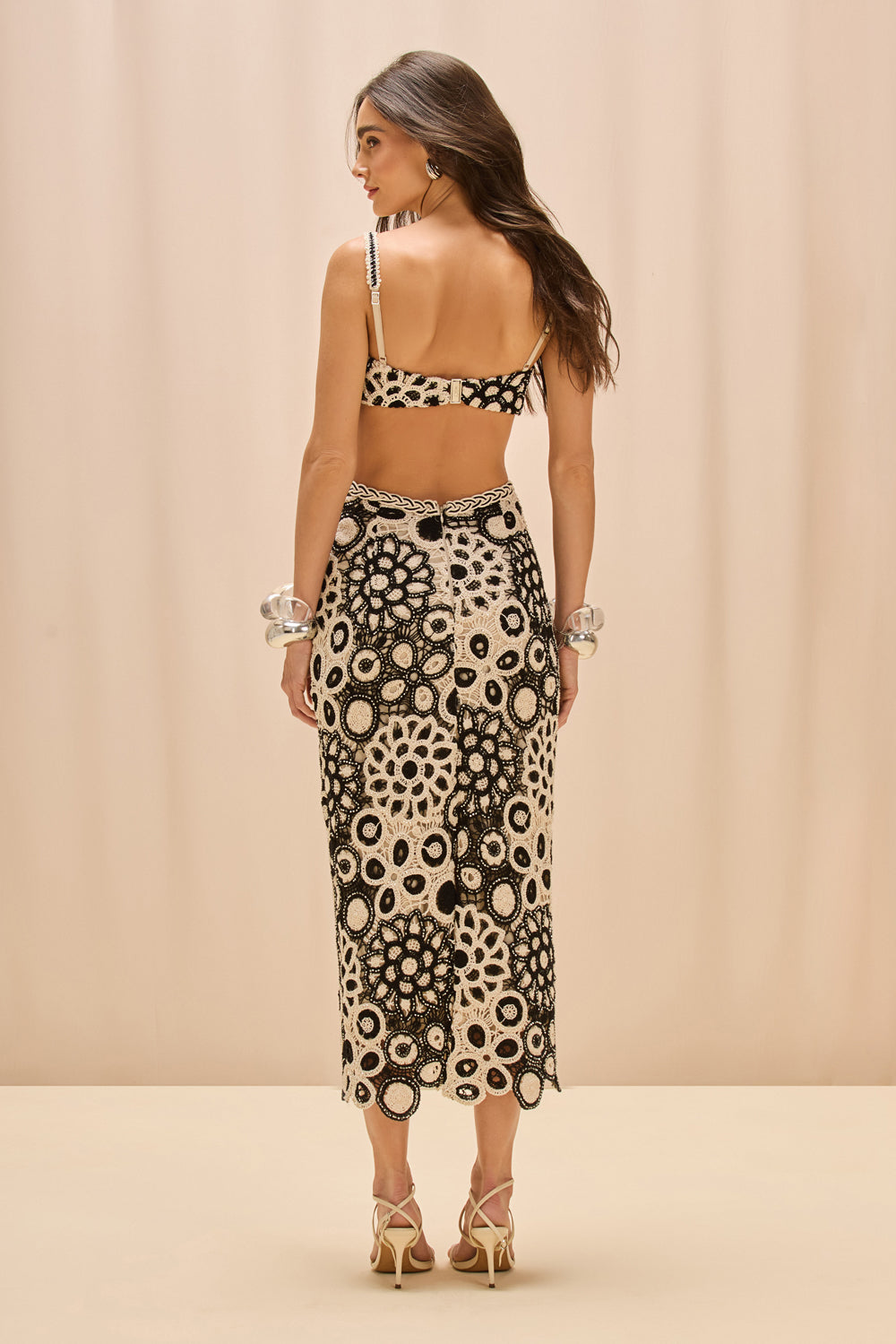 CORAL CROCHET CUTOUT MIDI DRESS