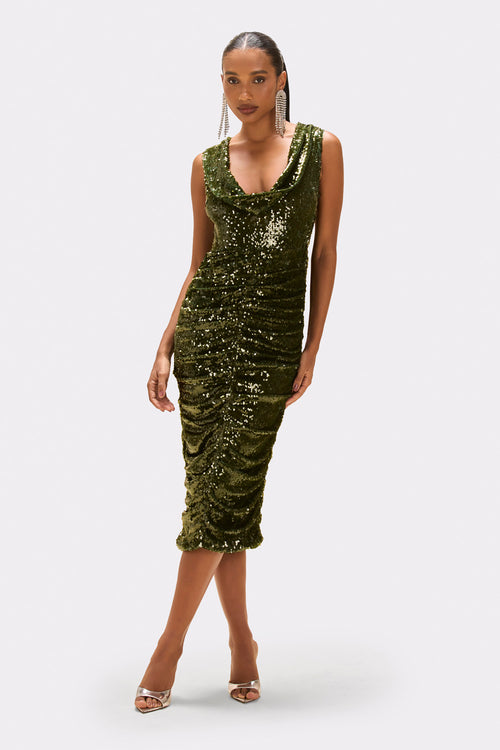 BOSSA SEQUIN PLUNGE MIDI DRESS
