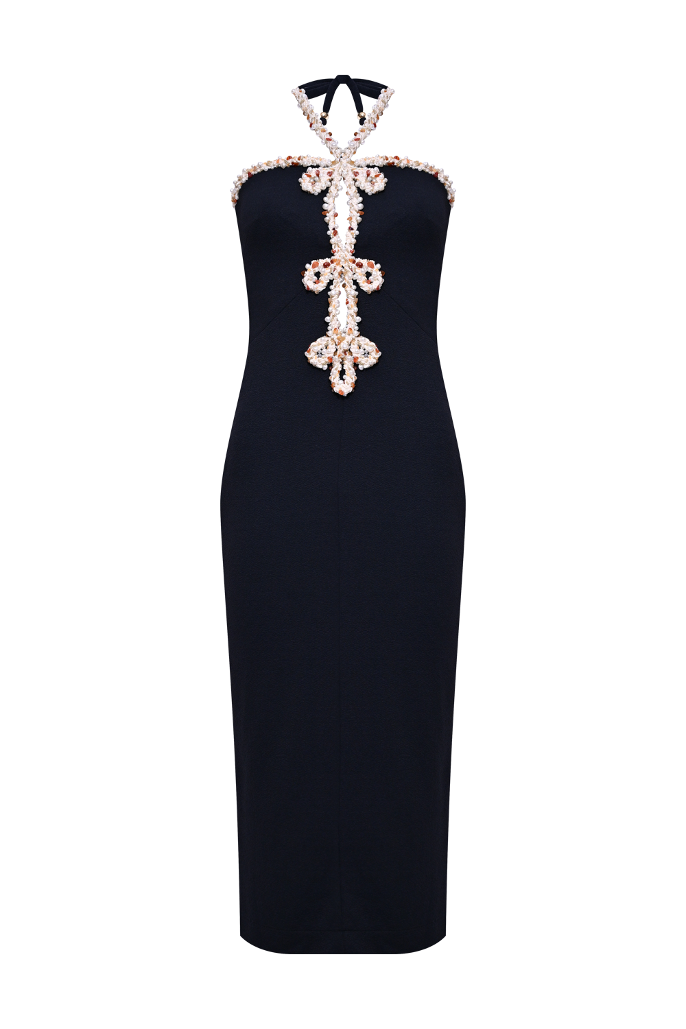 JADE KNIT EMBROIDERED HALTERNECK MIDI DRESS