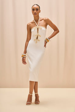 JADE KNIT EMBROIDERED HALTERNECK MIDI DRESS