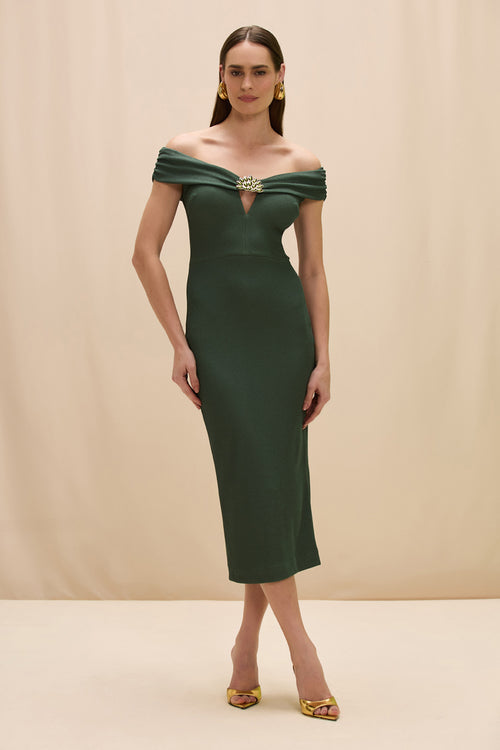 HILDA KNIT OFF SHOULDER MIDI DRESS