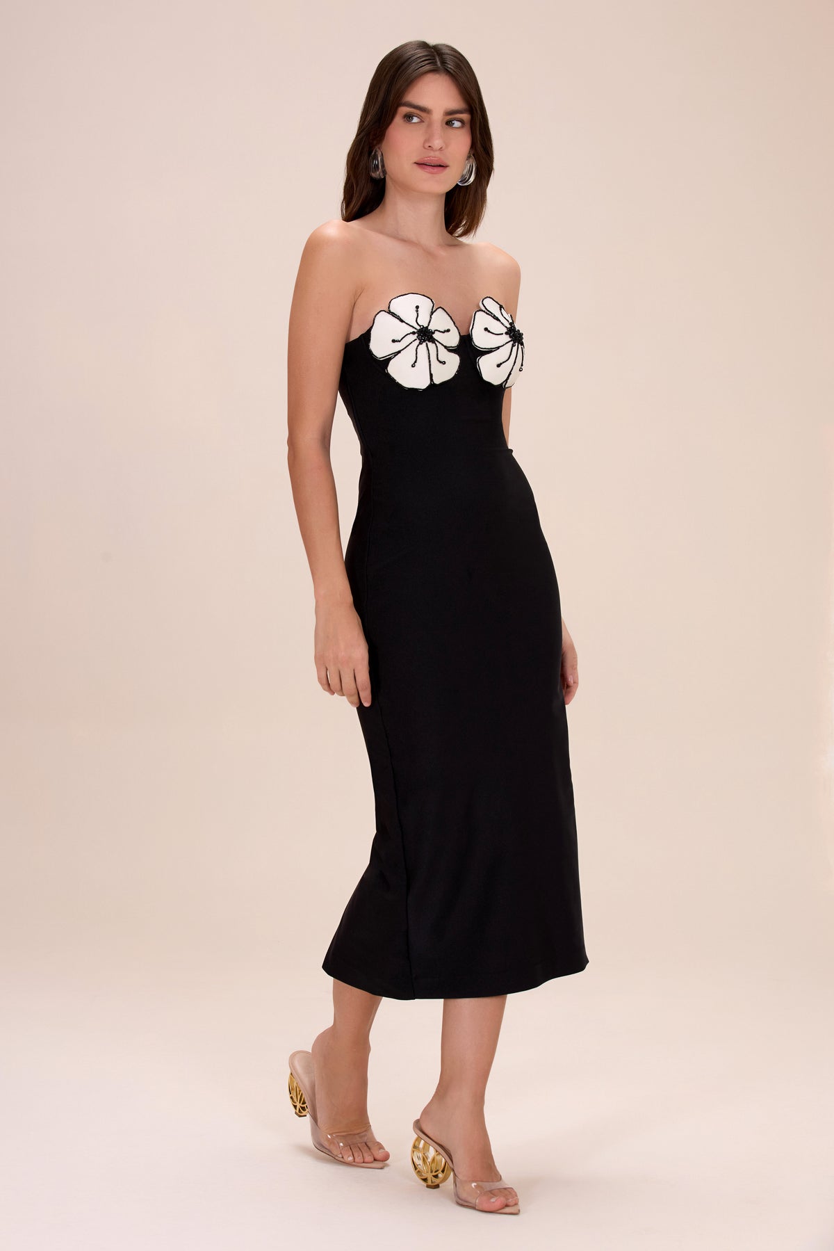 MIDNIGHT BLOOM EMBROIDERED FLORAL MIDI DRESS BLACK