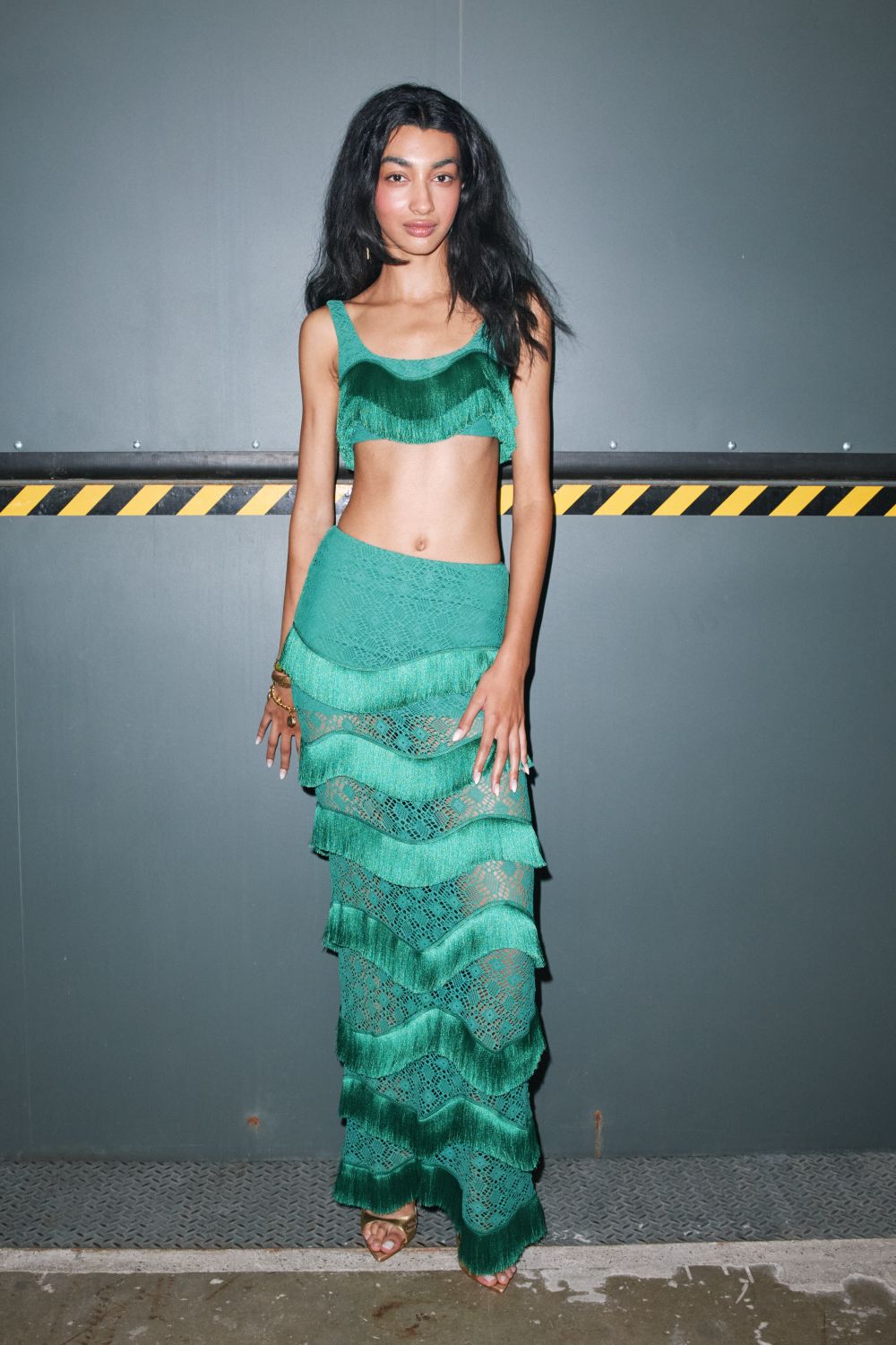 FOREST GREEN MESH MIDI SKIRT (RUNWAY)