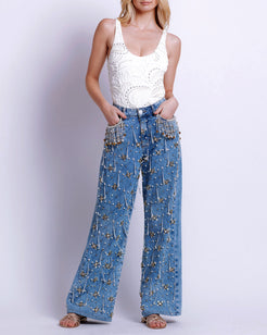 HAND-BEADED HIGH WAIST JEANS
