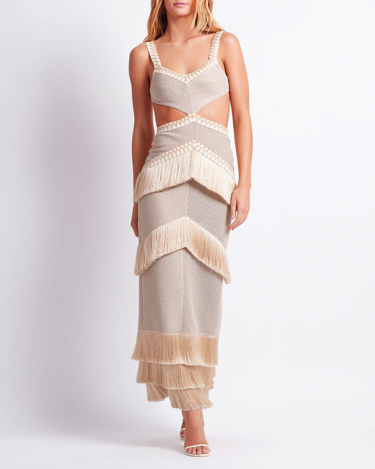 Metallic Knit Maxi Dress with Fringe Trim