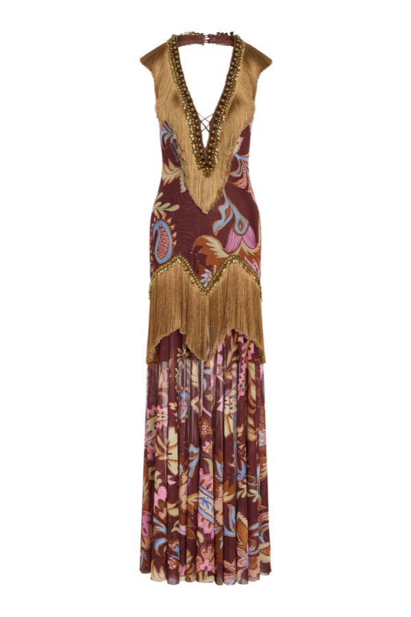 BOHO EMBELLISHED FRINGE GOWN