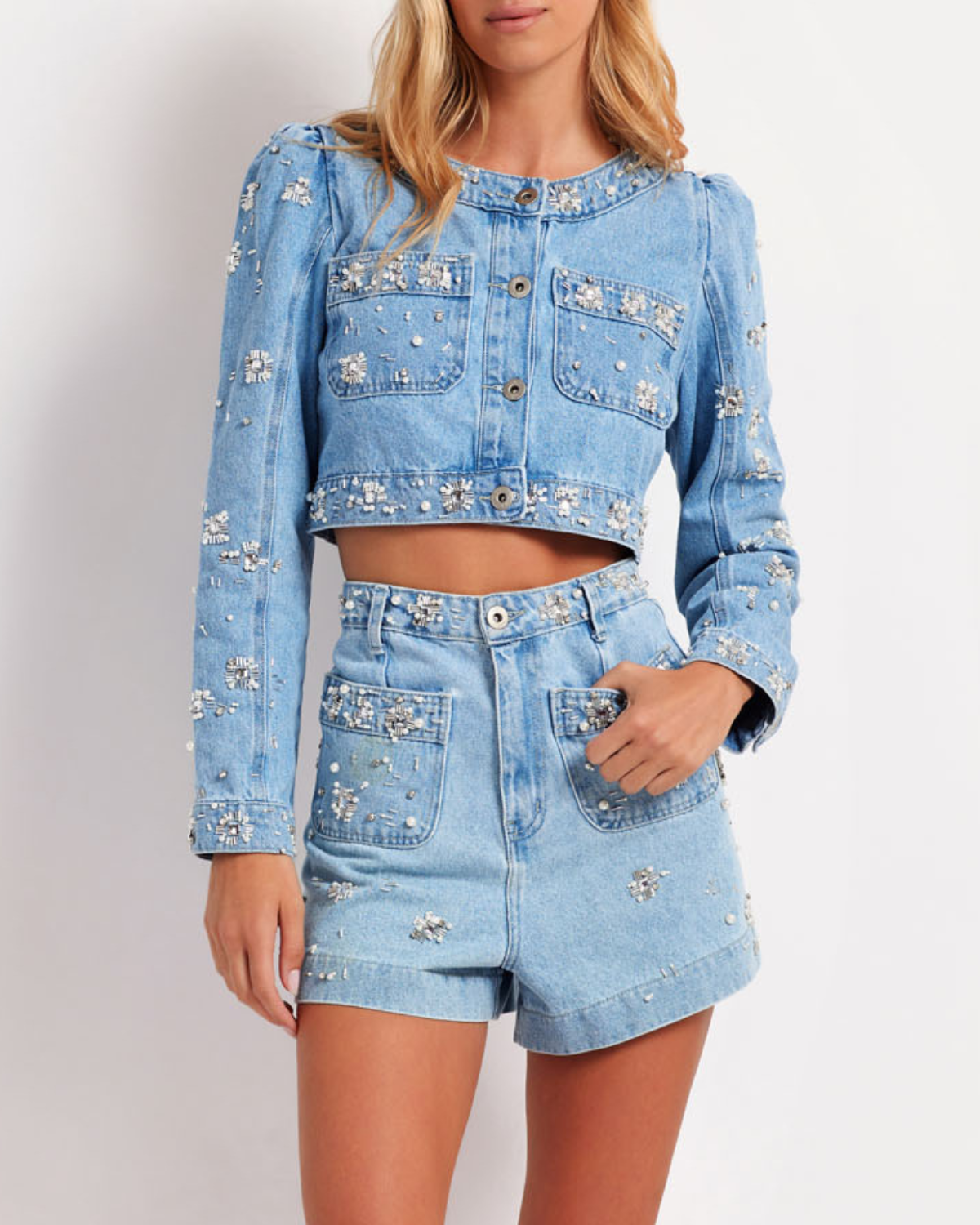 Hand-Beaded Denim Shorts