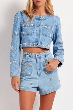 Hand-Beaded Denim Shorts