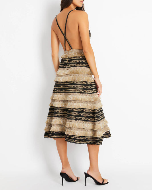 Fringe Trimmed Plunge Midi Dress (FINAL SALE)