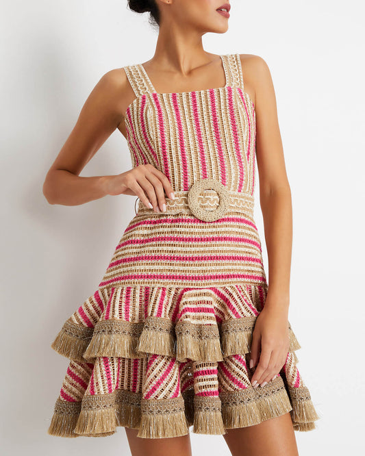 Belted Jute Trim Mini Dress (FINAL SALE)