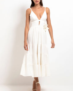 Flower Applique Linen Midi Dress