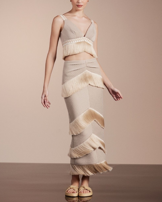 Metallic Knit Maxi Skirt with Fringe Trim (FINAL SALE / EXCLUSIVE)