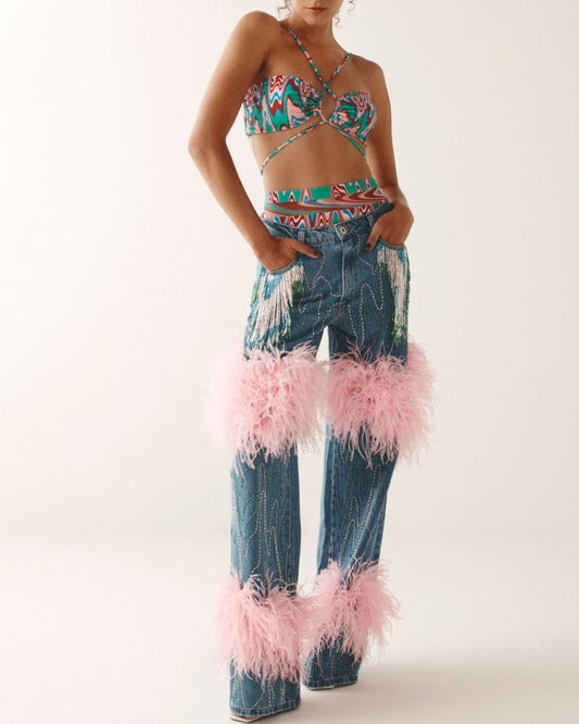 HAND BEADED JEANS WITH FEATHER TRIM (RUNWAY/ EXCLUSIVE)
