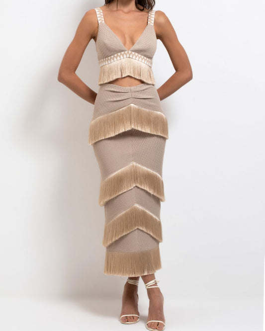 Metallic Knit Maxi Skirt with Fringe Trim