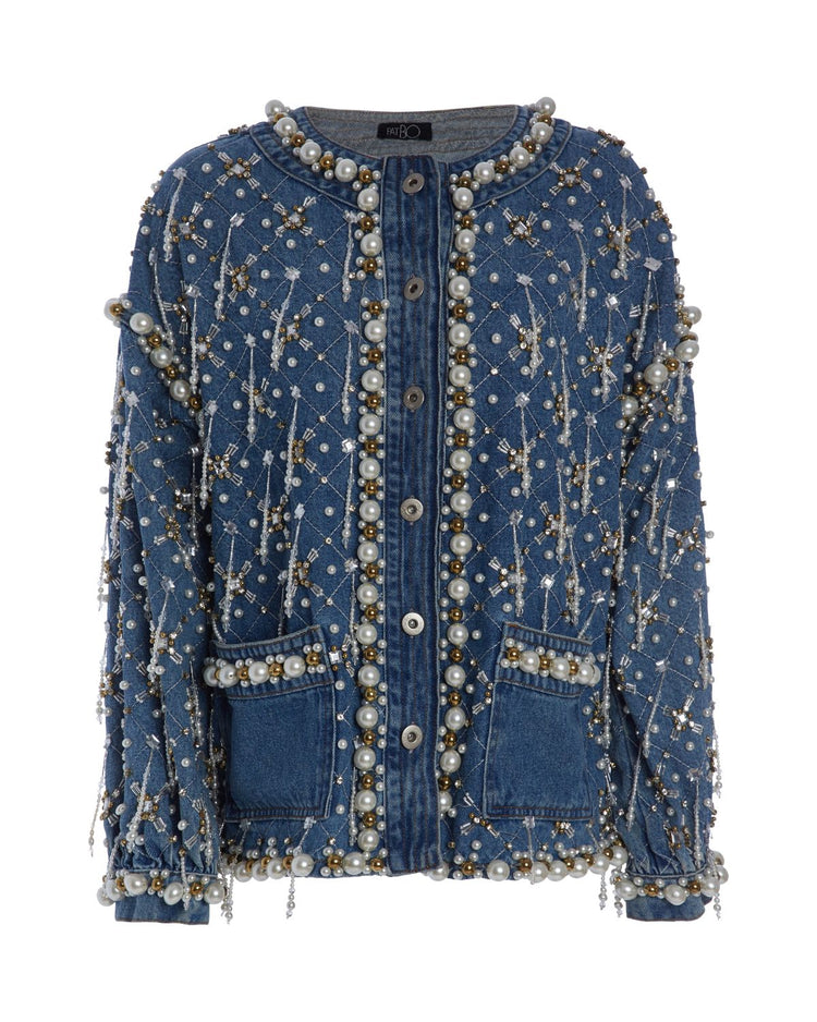 HAND-BEADED PEARL AND RHINESTONE DENIM JACKET (RUNWAY)