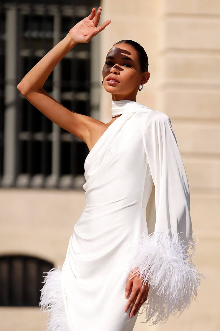 FEATHER TRIM OSCAR DRESS