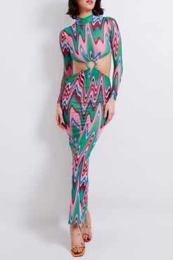 WAVE PRINTED CUTOUT TULLE MAXI DRESS (FINAL SALE)