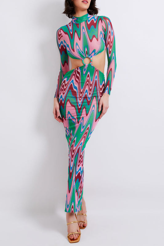 WAVE PRINTED CUTOUT TULLE MAXI DRESS (FINAL SALE)