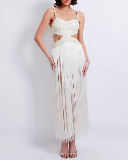 Fringe Dress with Pearl Beaded Straps