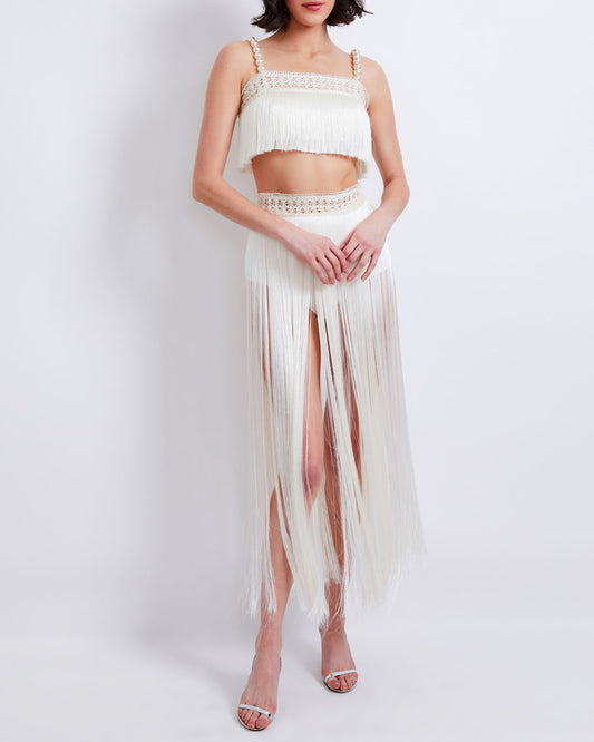 All-Over Fringe Top with Pearl Beaded Straps