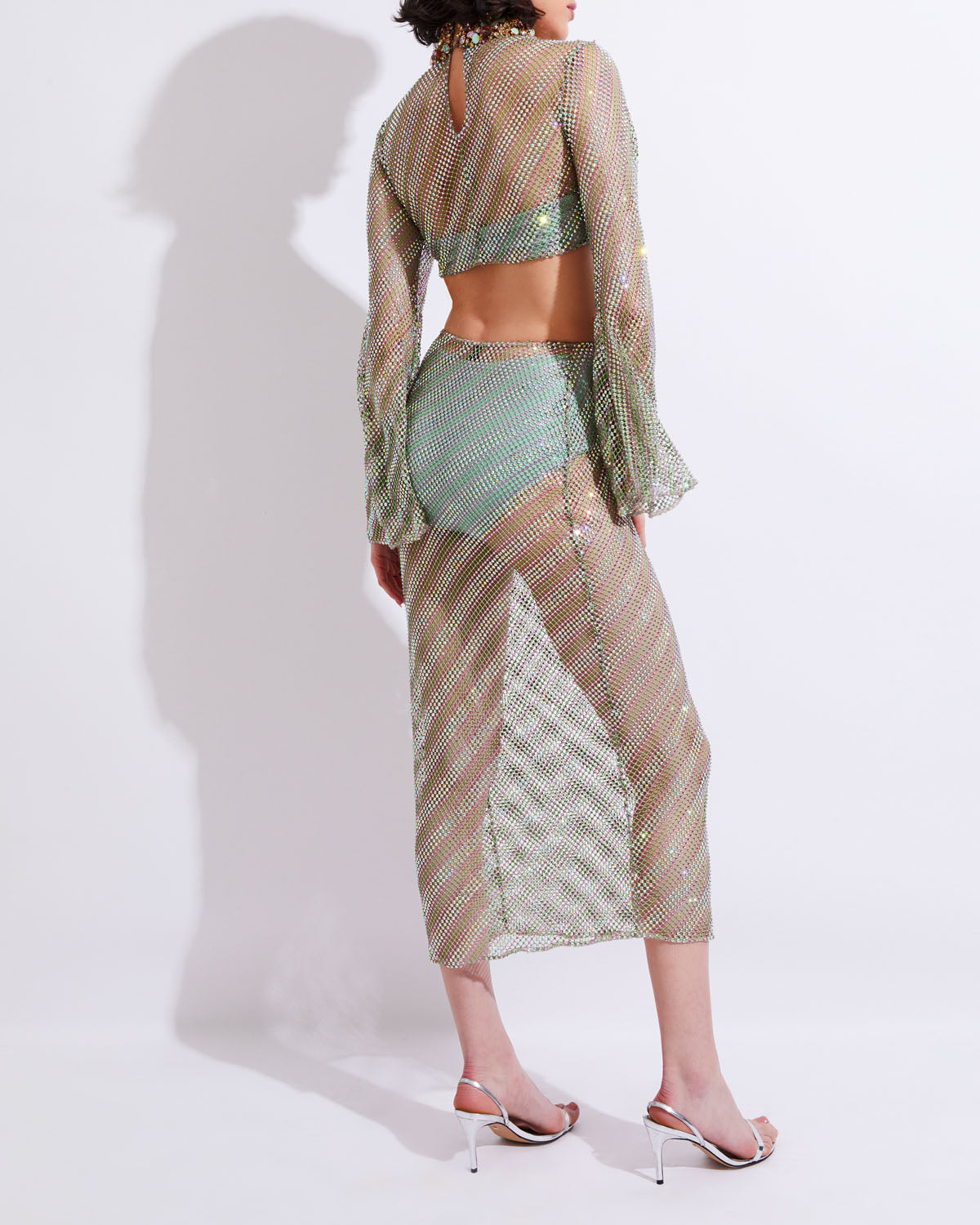 Hand-Beaded Rhinestone Netted Top
