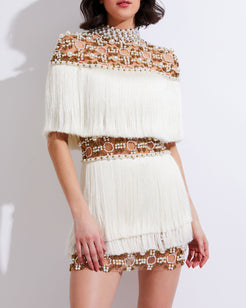 Hand-Beaded Pearl and Fringe Mini Dress