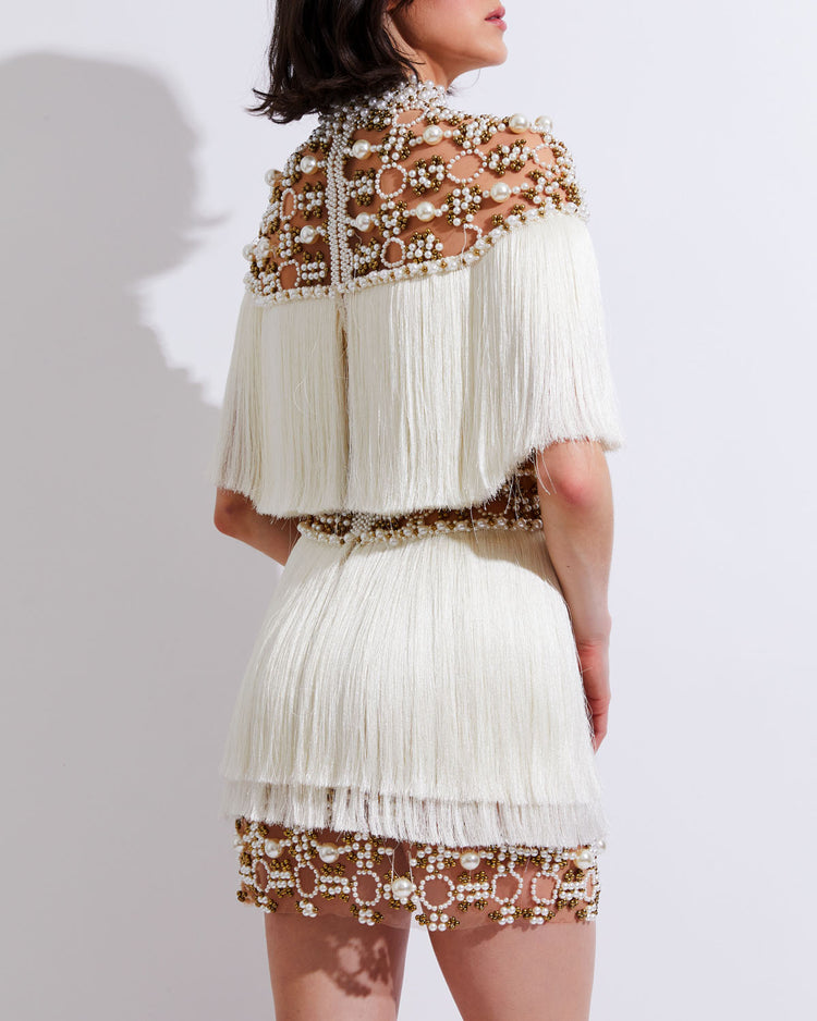 Hand-Beaded Pearl and Fringe Mini Dress (RUNWAY)