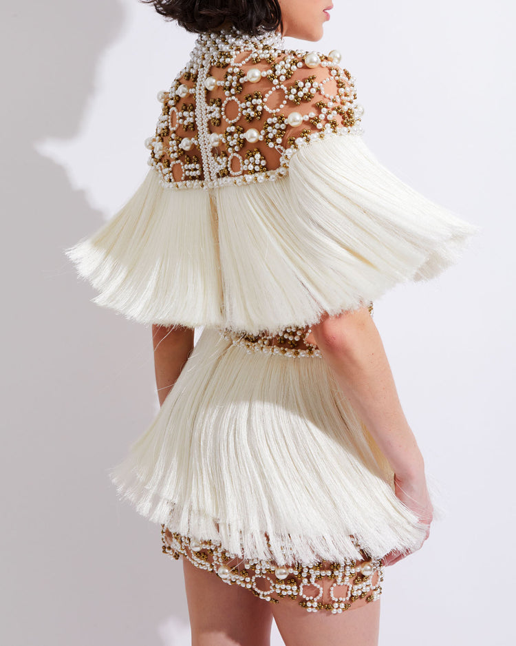 Hand-Beaded Pearl and Fringe Mini Dress (RUNWAY)