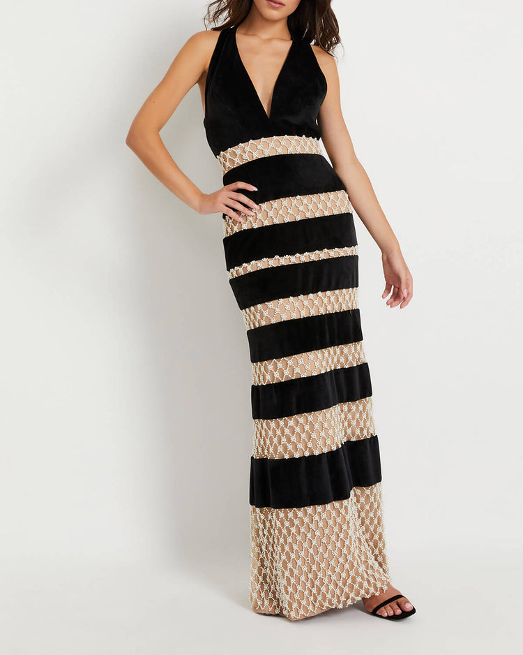 Pearl Beaded Plunge Gown (FINAL SALE)