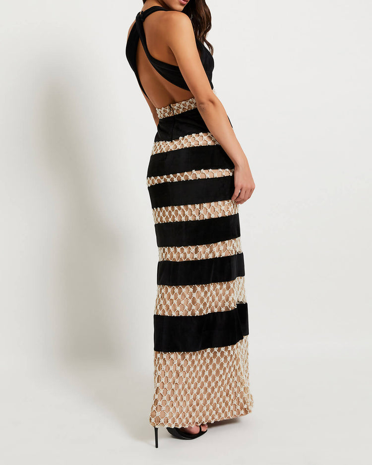 Pearl Beaded Plunge Gown (FINAL SALE)