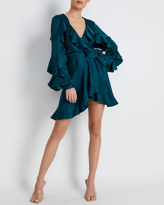 RUFFLE SLEEVE MINI WRAP DRESS (FINAL SALE)
