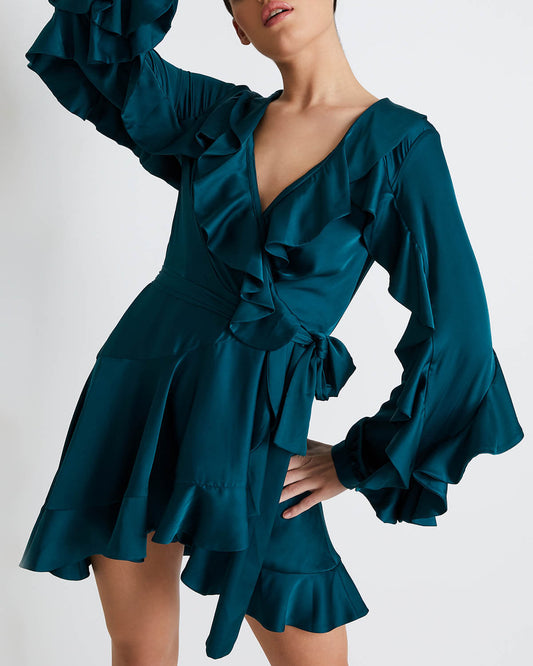 RUFFLE SLEEVE MINI WRAP DRESS (FINAL SALE)